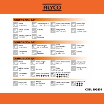 JUEGO LLAVES VASO ALYCO 1/2-1/4-3/8 219 PZAS