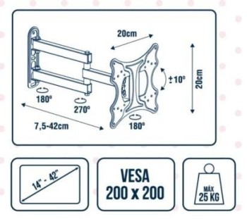 SOPORTE TV 1 BRAZO GIRATORIO 14"-42" 200X200 KYLATE