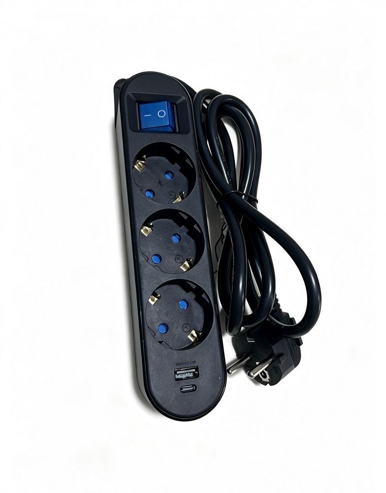 BASE MULTIPLE 4 TOMAS 1,5MT CON INTERUPTOR+USBA+USB NEGRO SONEDAS