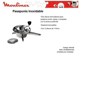 PASAPURE ACERO INOX MOULINEX INOX 20 DIAMETRO 2 DISCOS